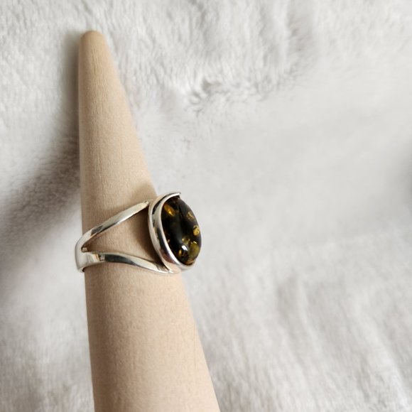 Sterling Silver and Green Amber Ring. Worn Once. Size 5 Adjustable - Picture 2 of 8